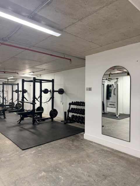 Training floor with racks and dumbbells